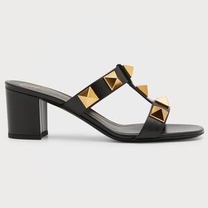 Valentino Rockstud Roman Stud Black City 60mm Slide Mule Sandal Block Heel 37.5